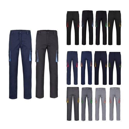 VL FIDES. Two-tone, multi-pocket stretch trousers (240g/m²), in cotton (46%), EME (38%) and polyester (16%)