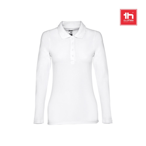 THC BERN WOMEN WH. Women's long-sleeved polo shirt in cotton piqué and viscose with removable label