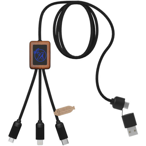 SCX.design C38 5-in-1 rPET light-up logo charging cable with squared wooden casing