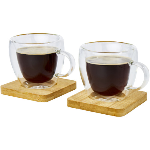 Manti 2-piece 100 ml double-wall glass cup with bamboo coaster 