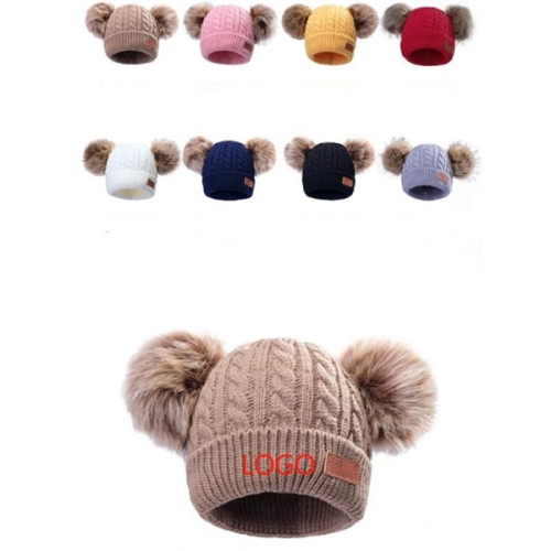 Kids Knit Double Pom Beanie With Cuff